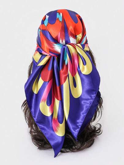 1pc Women's Blue Kaleidoscope Floral Pattern Scarf, Lightweight Summer Casual Headscarf, Travel Sun Protection Shawl Bandana