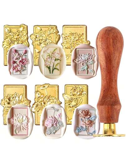 Bộ 6 con dấu sáp hình hoa, tay cầm bằng gỗ có thể tháo rời, con dấu sáp cổ điển dùng cho đám cưới, tiệc sinh nhật, phong bì, thiệp mời, trang trí bao bì quà tặng.