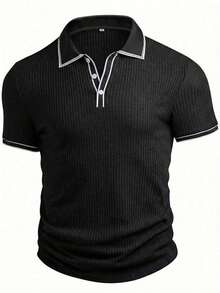 欧美风男士休闲撞色Polo衫，翻领纽扣设计，短袖，夏季穿着 - 黑色 - 查看 2
