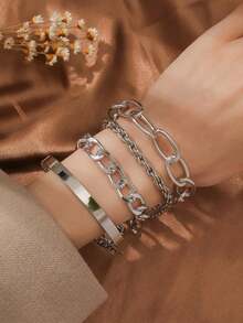 4pcs Women's Fashion Mixed Braided Chain Bracelets, Minimalist Spiral Exaggerated Hip-Hop Metal Chain Bracelet Set - Multicolor - View 5