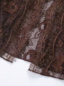 Women's Elegant Contrast Lace Slit Hem Silk-Feel Skirt, Vacation Style - Brown - View 5