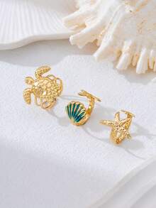 Set de 3 piezas de joyería de anillos abiertos con estrella de mar y concha de estilo oceánico azul, adecuado para vacaciones de playa casuales - Amarillo Oro - Ver 5