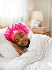 1pc Children's A-Z Letter Pink Elastic Wide-Brim Satin Sleep Cap - Snug Fit, Hair Protection, Super Soft Breathable Design With Anti-Slip Lining - Rose Red 2 - View 3