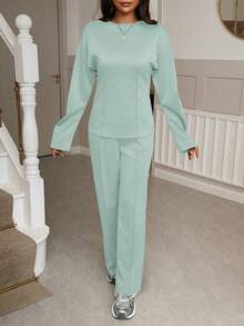 Women's 2-Piece Set, Round Neck Long Sleeve Top Paired With Cinched Waist Mid-Length Sweatpants, Elegant For Casual Daily Wear, Holidays, Business, Easter Party - Light Green - View 5