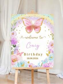 Personalized Butterfly Rainbow Birthday Welcome Sign - Customized Name And Date Poster, Soft Floral Glitter Theme Party Decor, Customizable Text Welcome Board, Suitable For Children And Adult Birthday Party Supplies - Multicolor 9 - View 7