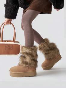 1 Pair Y2K Yellow-Brown Ombre Fuzzy Leg Warmers For Women, Autumn/Winter Warm Fluffy Leg Warmers To Match Snow Boots - Brown - View 5