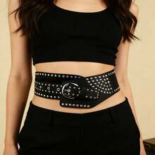 1pc Women's Black Curved Metal Waist Belt, Fashion Cowgirl Metal Leather Belt, Accessory Gift For Holidays, Suitable For Daily Use Summer, School Fall, Autumn, Halloween - 黑色 - 查看 1