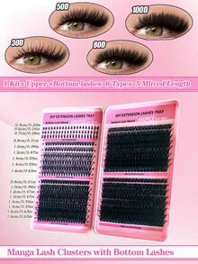 80片装3D浓密睫毛嫁接套装，包含睫毛簇、睫毛胶水、卸妆液、镊子和睫毛嫁接工具。 - 黑色 - 查看 11