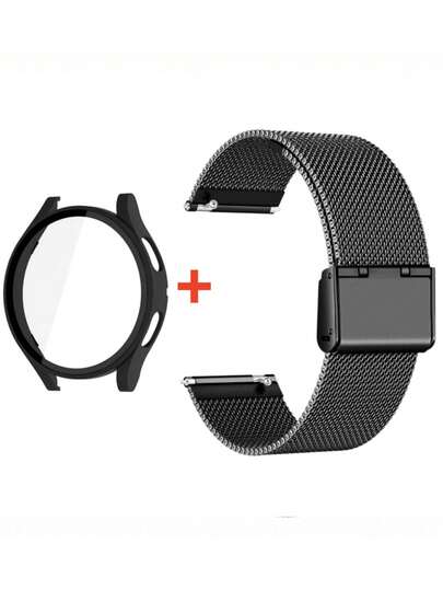 Bộ 2 chiếc dây đeo bằng thép không gỉ màu đen kiểu lưới Milanese và ốp lưng PC tích hợp kính cường lực bảo vệ màn hình, tương thích với Samsung Galaxy Watch 7/6/5/4 (40mm 44mm). Dây đeo kim loại cao cấp với khóa cài đơn chắc chắn và ốp bảo vệ toàn diện 2 trong 1.