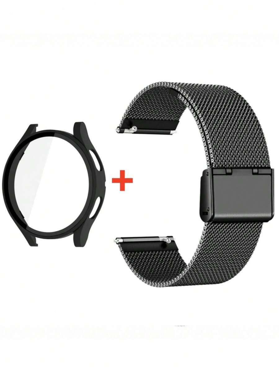 2pcs/Set Black Stainless Steel Milanese Mesh Loop Band & PC Case With Built-In Tempered Glass Screen Protector Set Compatible With Samsung Galaxy Watch 7/6/5/4 (40mm 44mm), Premium Metal Strap With Secure Single Buckle Clasp & 2-In-1 Full Coverage Protective Bumper Cover - Black - View 1