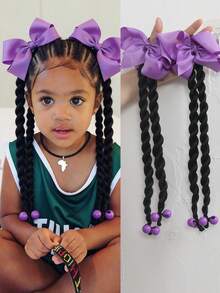 2PCS Kids Twisted Braids Wig With Bow Braid Ponytail Fake Hair Accessory New Chinese Style Ponytail Wig Hairpiece - Black - View 2