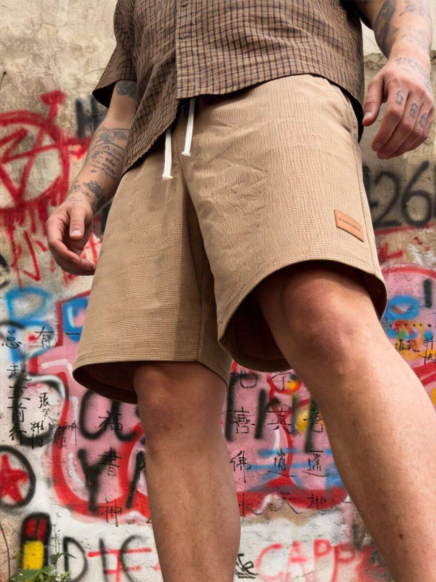Men's Loose Drawstring Knee-Length Shorts, Summer - Khaki - View 1