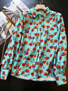 Women's Floral Print Long Sleeve Single-Breasted Casual Shirt - Pale Green - View 4