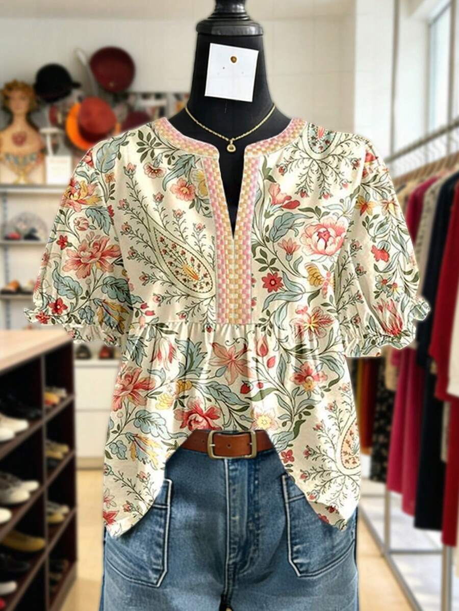 女士春夏法式乡村风印花衬衫：精致清新格纹拼接泡泡袖衬衫：复古甜美休闲魅力度假风 - 彩色 - 查看 1