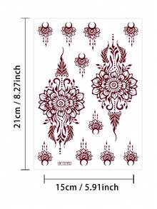 3 feuilles de tatouages temporaires au henné vermillon, tatouages au henné imperméables et longue durée, motifs de mandala, papillon et croissant de lune, pour femmes et filles, port quotidien, faux tatouages, art corporel au henné, accessoires pour rave - Rouge - Voir 5