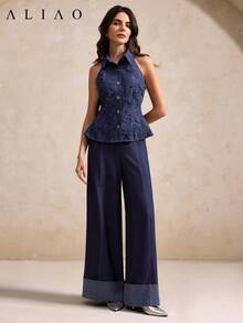 Aliao 高端蕾丝 3D 镂空刺绣靛蓝水洗风格吊带上衣，优雅日常穿搭，复古富贵风，情人节、婚礼季、吸睛造型、新年、春季、夏季、度假、宫廷风、沙滩装、感恩节、毕业季等场合的理想之选。 - 藏蓝色 - 查看 8