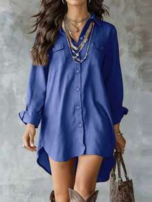 Camisa azul de mujer de manga larga de poliéster con botones, con cuello, diseño corto en la parte delantera y largo en la parte trasera con bolsillos, para primavera - Azul - Ver 7