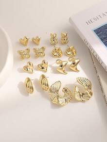 4/6/16pcs Fashionable Elegant Heart, Butterfly, Bear, Geometric Multi-Element Gold Metal Earring Set, Women Daily Wear Earring Set - Gold - View 2