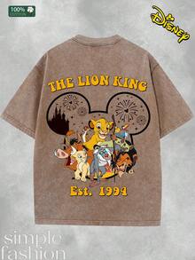 A Men's T-Shirt With The Theme Of "The Lion King" Printed On The Same T-Shirt For Men. The Mickey Mouse Head Silhouette Is Combined With Disney Castle And Fireworks Elements, Creating A Retro And Commemorative Style. Washed 230g T-Shirt, 100% Pure Cotton Casual Round Neck T-Shirt, Loose, Short Sleeved, Round Neck, Washable - Ideal Choice For Spring And Summer - Coffee Brown - View 2