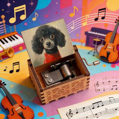 Sanatsal Kaniş Portresi Ahşap Müzik Kutusu - Eğlenceli El Kranklı Melodi Kutusu, Köpek Anneleri, Hayvanseverler, Düğün ve Yıldönümü İçin Eşsiz Bir Hatıra Hediyesi
