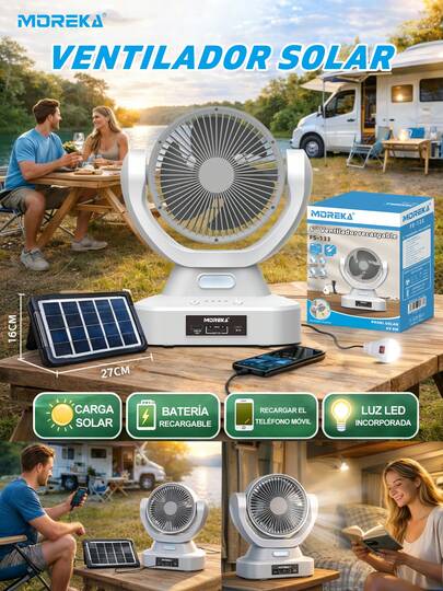 MOREKA Ventilador solar para exteriores de 6/8/9 pulgadas, carga de panel solar/USB, iluminación nocturna LED, ajuste silencioso de varios niveles, bombilla accesoria, alivio del calor del verano, verano fresco, adecuado para acampar al aire libre, picnics, dormitorios y oficinas