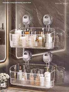 No Drill Strong Suction Cup Storage Box, Luxury Transparent Large Capacity, Bathroom Kitchen Wall Mounted Organizer Basket - Multicolor - View 7