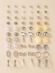 30 Pairs/Set Faux Pearl & Rhinestone Flower & Heart Minimalist Element Earrings, Elegant Daily Wear Earring Set For Women - Silver - View 1