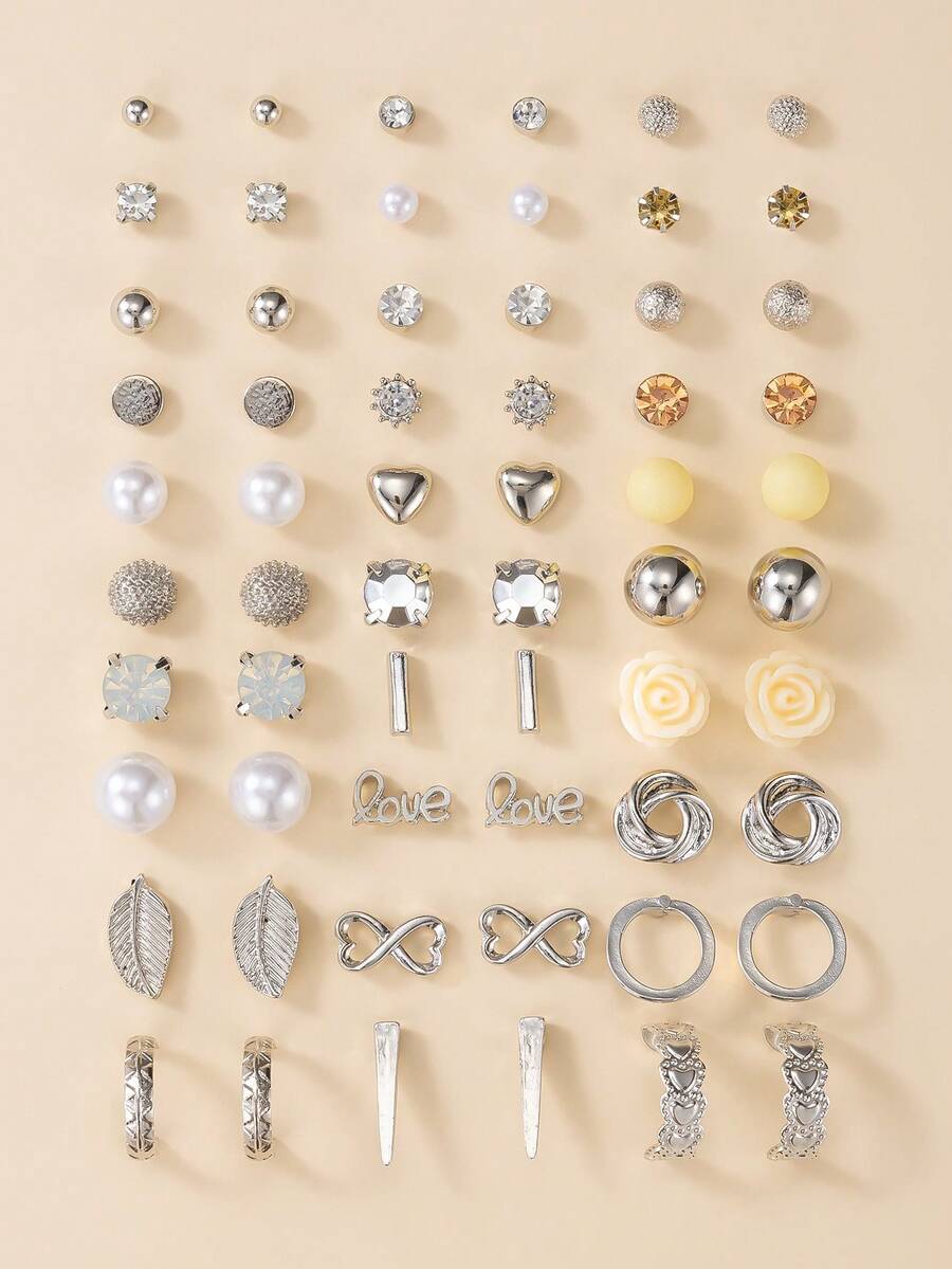 30 Pairs/Set Faux Pearl & Rhinestone Flower & Heart Minimalist Element Earrings, Elegant Daily Wear Earring Set For Women - Silver - View 1