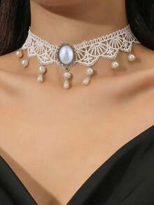 1 chiếc vòng cổ choker nữ kiểu dáng tối giản, đính đá quý, ngọc trai và ren, tua rua. - Nhiều màu - Xem 2