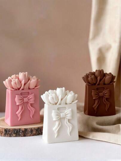 Molde en forma de bolso de tulipán, caja de regalo con rosa y molde de vela cilíndrica 3D con rosa, regalo romántico de boda | Regalo para el Día de la Madre y cumpleaños de la mejor amiga | Regalo de ambiente de nicho | Decoración de yeso DIY, fácil desmoldeo para principiantes | Crea una decoración acogedora para el hogar