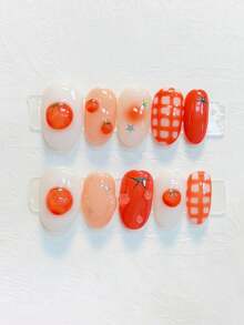 10 piezas de uñas postizas ovaladas de longitud media en color rojo, con un estilo dulce y vibrante de verano con degradado rojo y blanco, decoración 3D de tomate y gota de agua, acento de cuadros y estrellas de purpurina pintadas a mano, pegatinas de uñas lindas y divertidas para mujeres y niñas, adecuadas para primavera, verano, otoño, invierno, fiestas y uso diario - Multicolor - Ver 1
