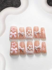 Bộ 10 món trang trí móng tay hình ngôi sao và nơ, bao gồm bộ dụng cụ làm móng gel, hình ngôi sao hồng, ngôi sao trắng, nơ hồng, nơ bạc, phụ kiện trang trí móng hình ngôi sao hồng, sọc hồng, sơn móng tay trắng, kèm dụng cụ làm móng (1 miếng dán gel + 1 dũa móng). Có 3 hình dạng: hạnh nhân, miệng vịt, hình quan tài. Thích hợp cho chụp ảnh, mùa xuân/hè, đi chơi, tiệc tùng, hàng ngày, đi làm, tụ họp. Món quà tuyệt vời cho phụ nữ và các cô gái. - Nhiều màu - Xem 2