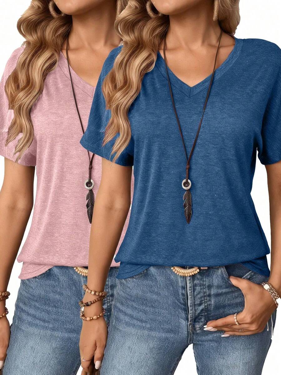 2pcs Plus Size V-Neck Solid Color T-Shirts, Casual Short Sleeve Tees For Spring & Summer, Comfortable Daily Wear For Women