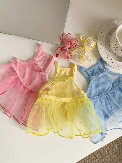 Cute Polka Dot Tulle Dog Dress For Small Dogs & Cats, Soft Sleeveless Pet Princess Dress With Matching Hair Bow, Breathable Lightweight Puppy Outfit For Summer, Adorable Cat Dog Clothes For Daily Wear, Outdoor Walking & Photoshoot