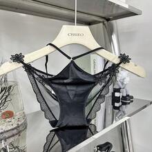 Low-Rise,-Strapped, Openwork Women's Briefs With Embroidered Flowers And Silky Satin Cotton Crotch. - xanh quân đội - Xem 6