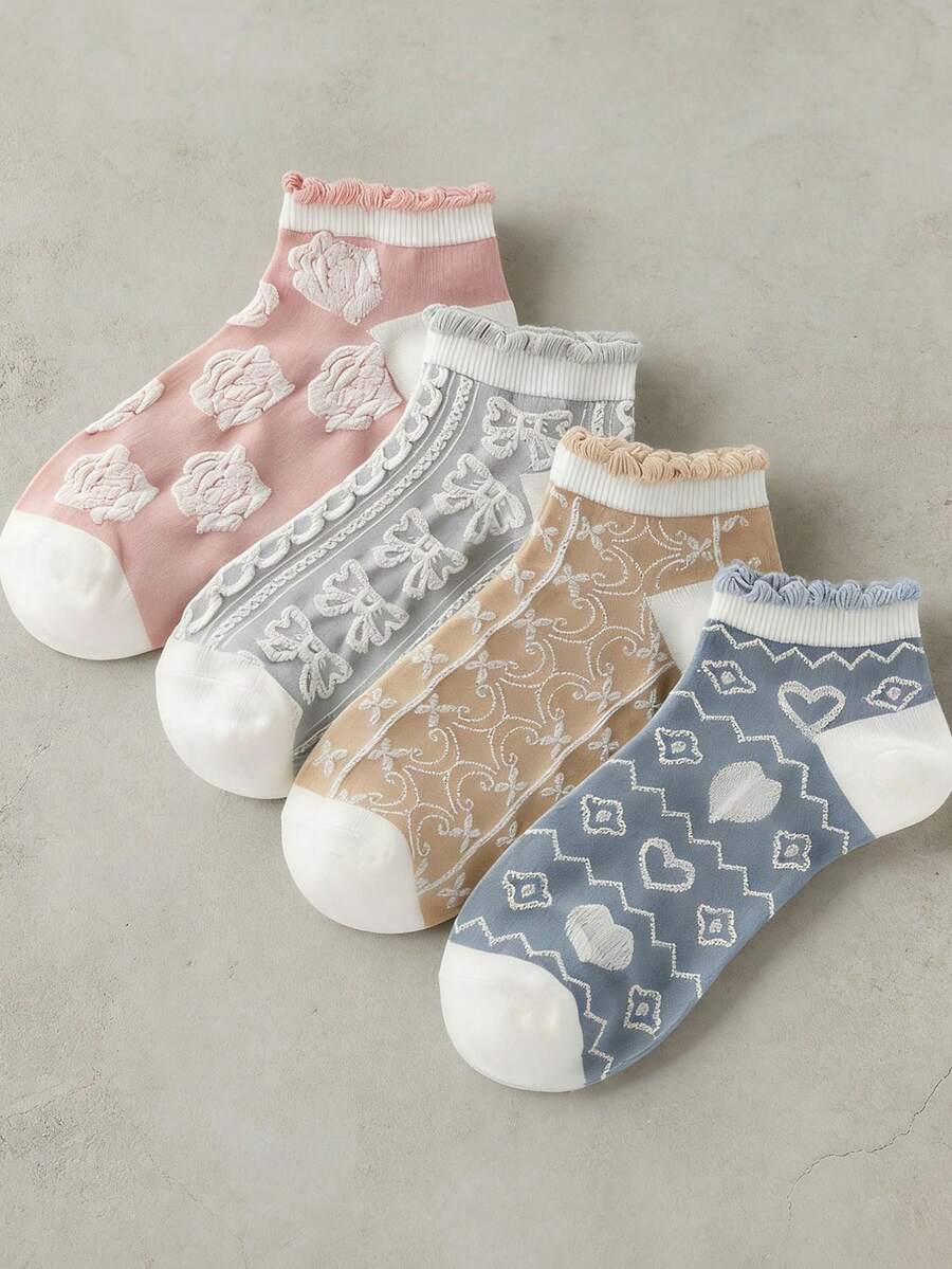 4 pares de calcetines finos y transpirables para mujer, con diseño calado y estampado de estilo palaciego elegante, para primavera/verano - Multicolor - Ver 1
