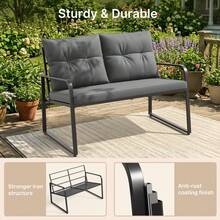 Lofka 4 Piece Rocking Bistro Set, Black Steel Patio Furniture, Porch Chairs Conversation Set With Glass Coffee Table, Back Cushion, For Balcony, Garden, Deck, Backyard, Grey - 灰色 - 查看 5