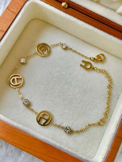 1pc Stainless Steel Arched Bracelet With 18K Gold Plated 5-Leaf Flower Design And Tiny Diamonds, Elegant Niche Accessory Gift For Best Friend