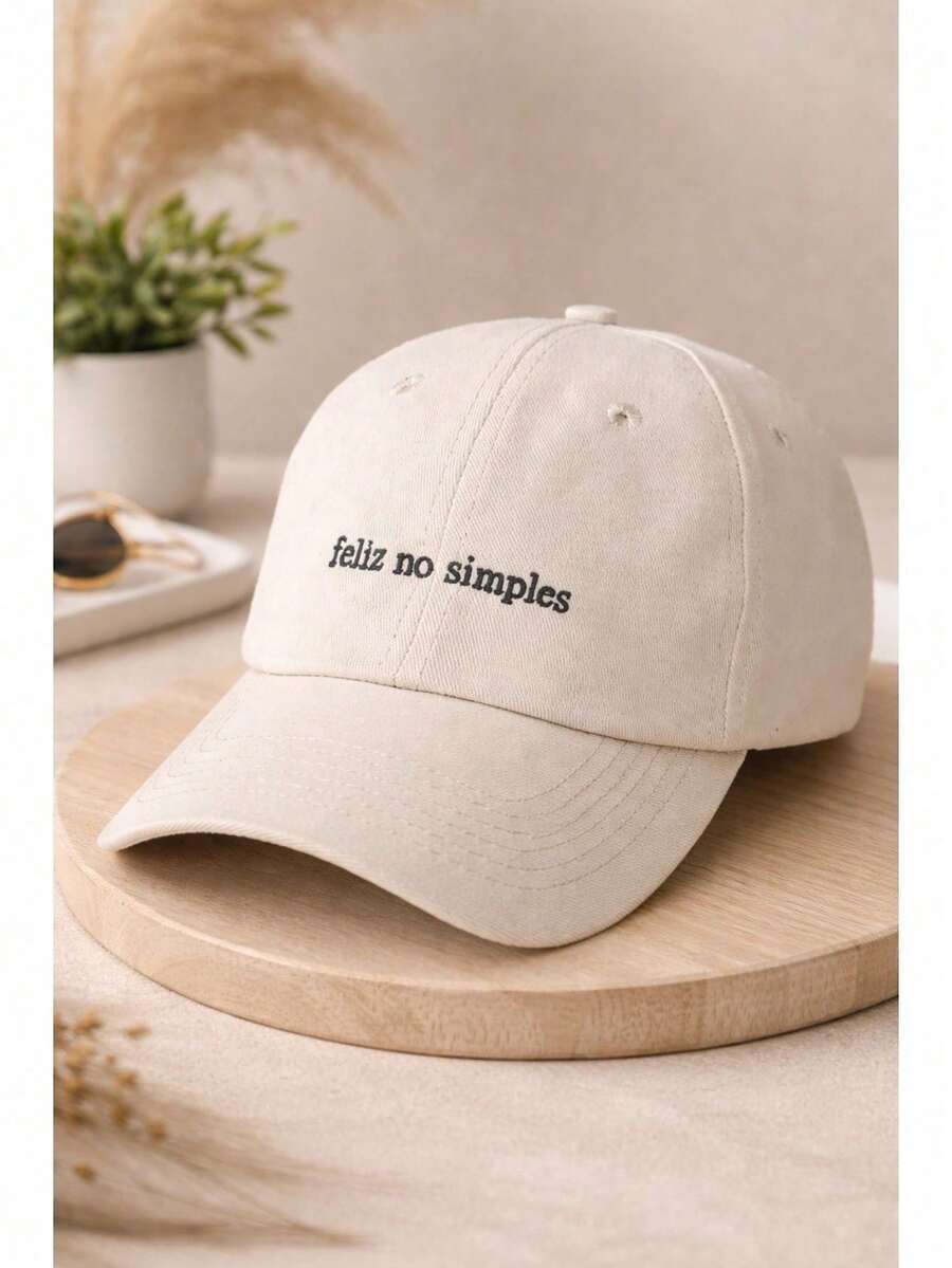 Boné Unissex Boné Feliz No Simples  Dad Hat Premium Algodão Bordado, Aba Curva Ajustável, Estilo Casual Street - Bege - Visão 1