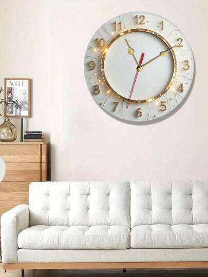 Elegant Golden-Rimmed 10/12" Round Wooden Wall Clock - Silent, Easy-To-Install, Battery Operated (AA Not Included) - Ideal For Home, Studio, Kitchen, Bedroom, Garage, Concert Hall Decor, Wall Clock Living Room