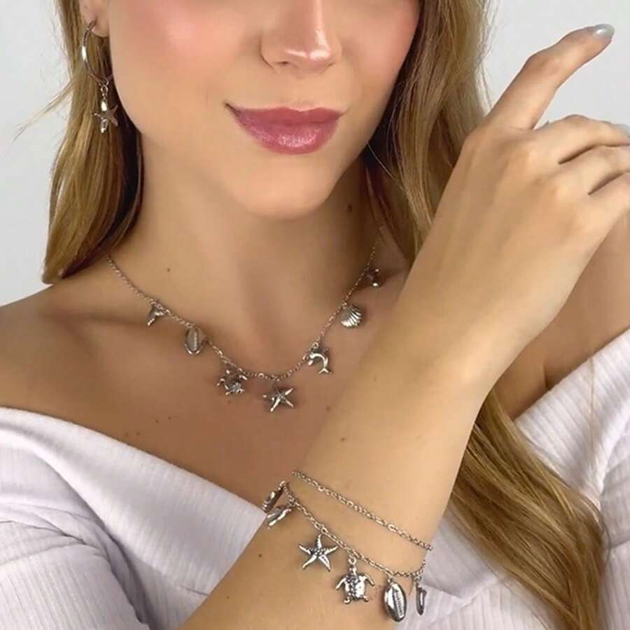 Women's Beach Fashion Necklace, Bracelet And Earrings Set, Stainless Steel, Water Resistant. - Silver - View 1