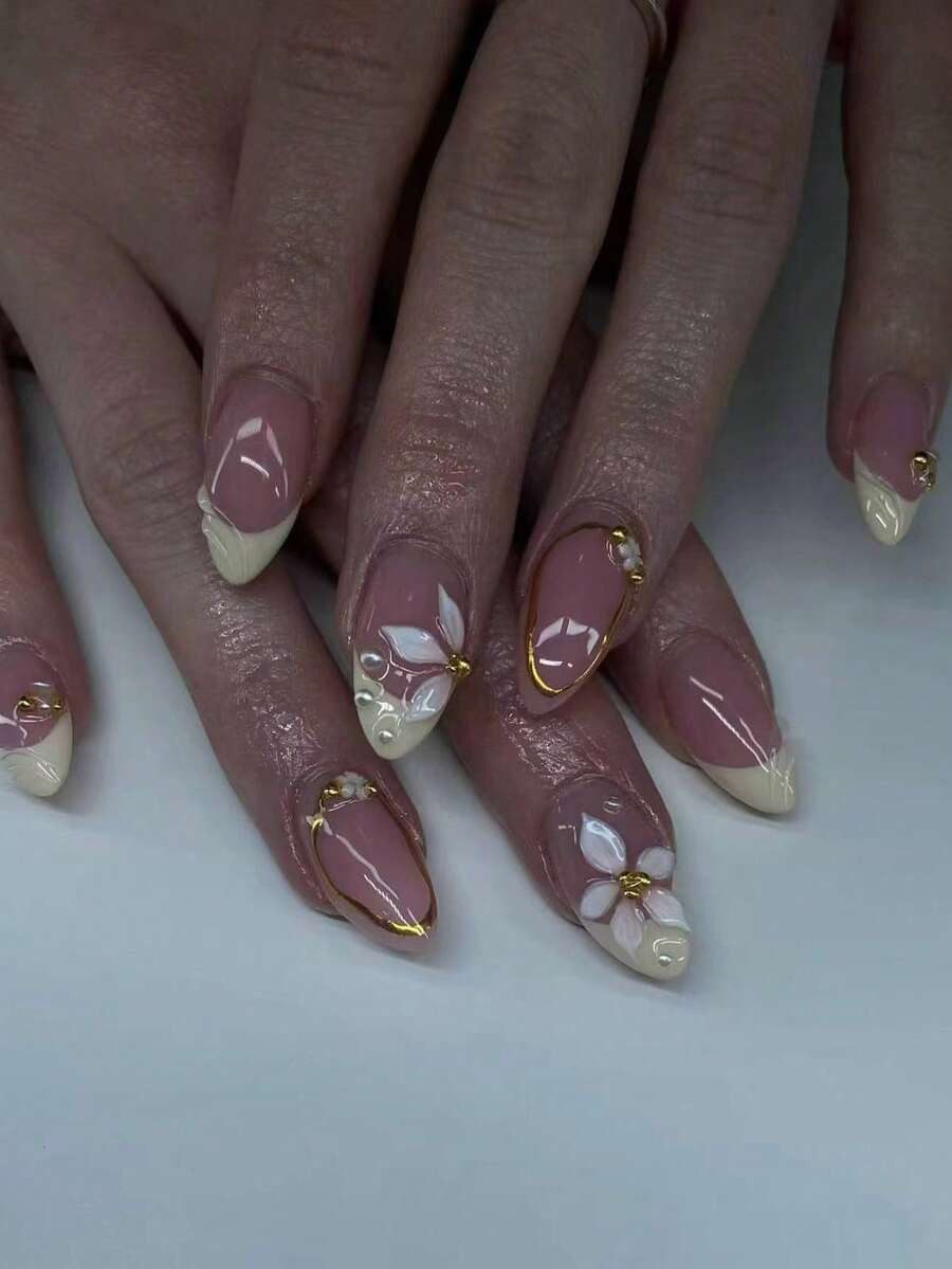 24片长杏仁形3D凝胶美甲贴纸,花卉图案,法式美甲贴纸,中长款3D合金十字珍珠装饰,适用于亚克力假指甲,包含1瓶胶水和1个指甲锉,豹纹和法式美甲图案,适合女性日常工作、度假和派对场合。 - 查看 1