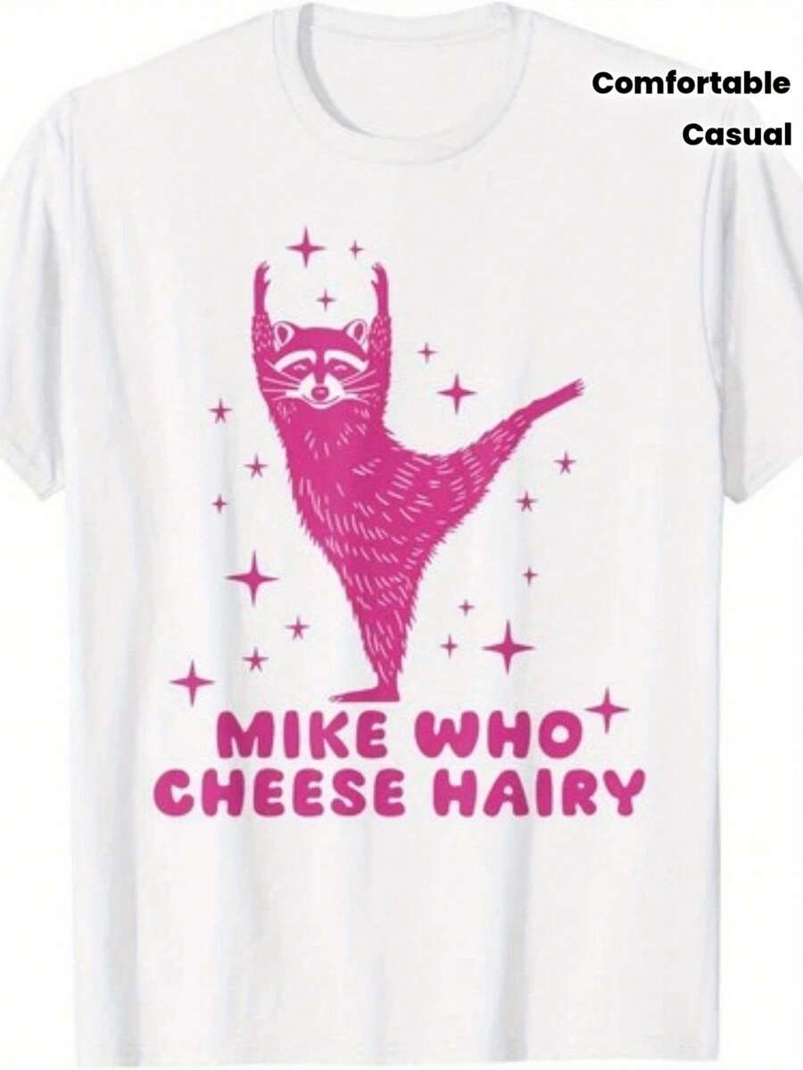 Camiseta de Humor Adulto Inapropiado y Divertido de Mike Who Cheese Hairy - con Gráfico de Mapache Rosa y Queso, Camiseta Original con Texto para Hombres y Mujeres, Camiseta Cómoda de Manga Corta y Cuello Redondo para Ropa Casual y Fiestas - Blanco - Ver 1