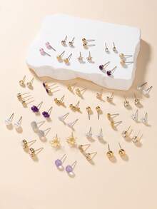 30 Pairs Silver Metal Rhinestone Heart, Leaf, Flower, Pearl, Letter Design Earring Set For Women - Multicolor - View 3