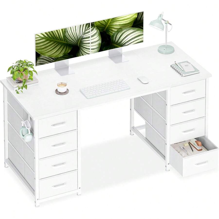 48 Inches Computer Desk With 8 Fabric Drawers, Modern Office Desk With Large Storage For Home Office, Study, White - 白色 - 查看 1