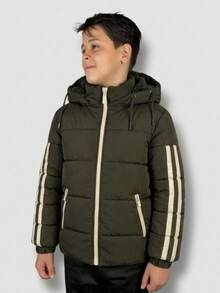 Boys' Jacket Lined With Plush, Removable And Lined Hood - 軍綠色 - 查看 3