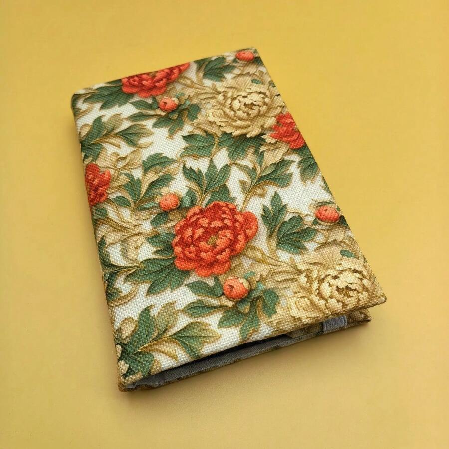 1pc Handmade Fabric Book Cover With Golden & Red Peony Design, Notebook/Journal Cover, Gift For Book Lovers & Couples - Single Piece - View 1