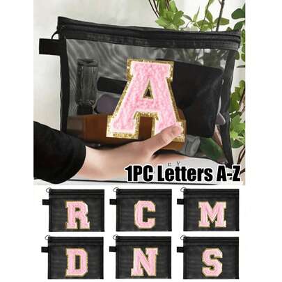 女士毛巾刺绣字母 A-Z 图案印花网眼化妆包，透明拉链 | 现代简约，可用于收纳化妆品、洗漱用品、彩妆、旅行必备品、便携式收纳包、浴室收纳、珠宝首饰、唇油和化妆品，也可作为沙滩包、旅行化妆包使用，是海滩、度假和日常使用的理想之选，男女通用，母亲节礼物、情人节礼物、婚礼季礼物、纪念品、伴娘礼物