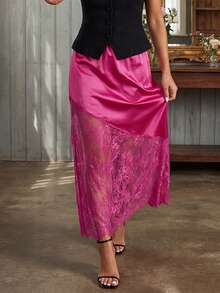 Women's Long Skirt Satin Lace Patchwork Design Stylish Solid Color High Waisted Skirt for Summer - Rosa Fucsia - Ver 3