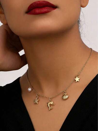 1pc Elegant Minimalist Starfish Ocean Style Necklace, Faux Pearl & Shell Beach Resort Necklace For Women